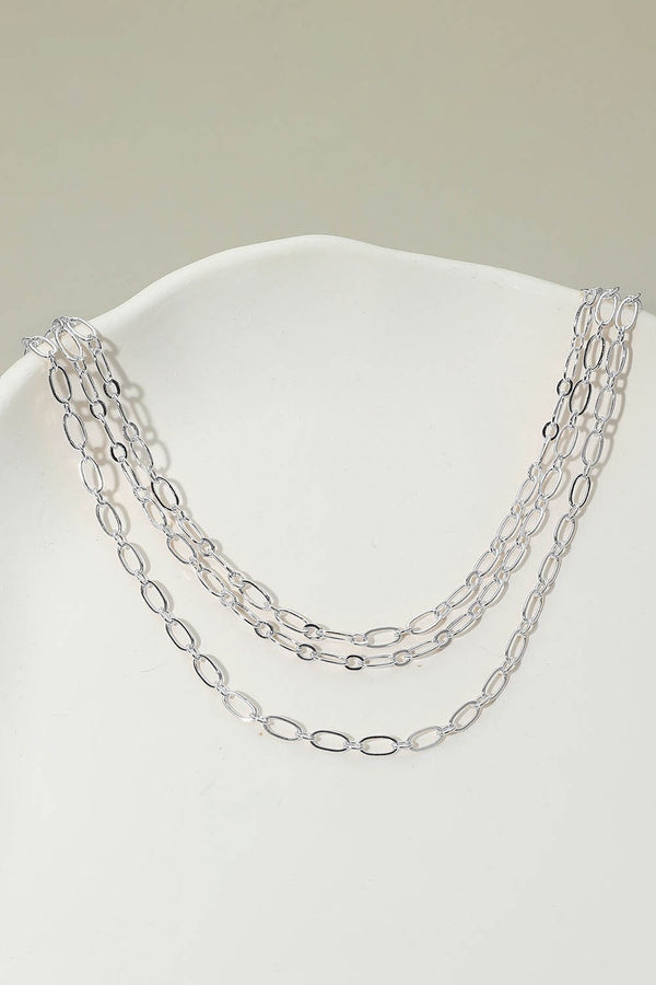 Silver Triple Layered Oval Link Chain Necklace