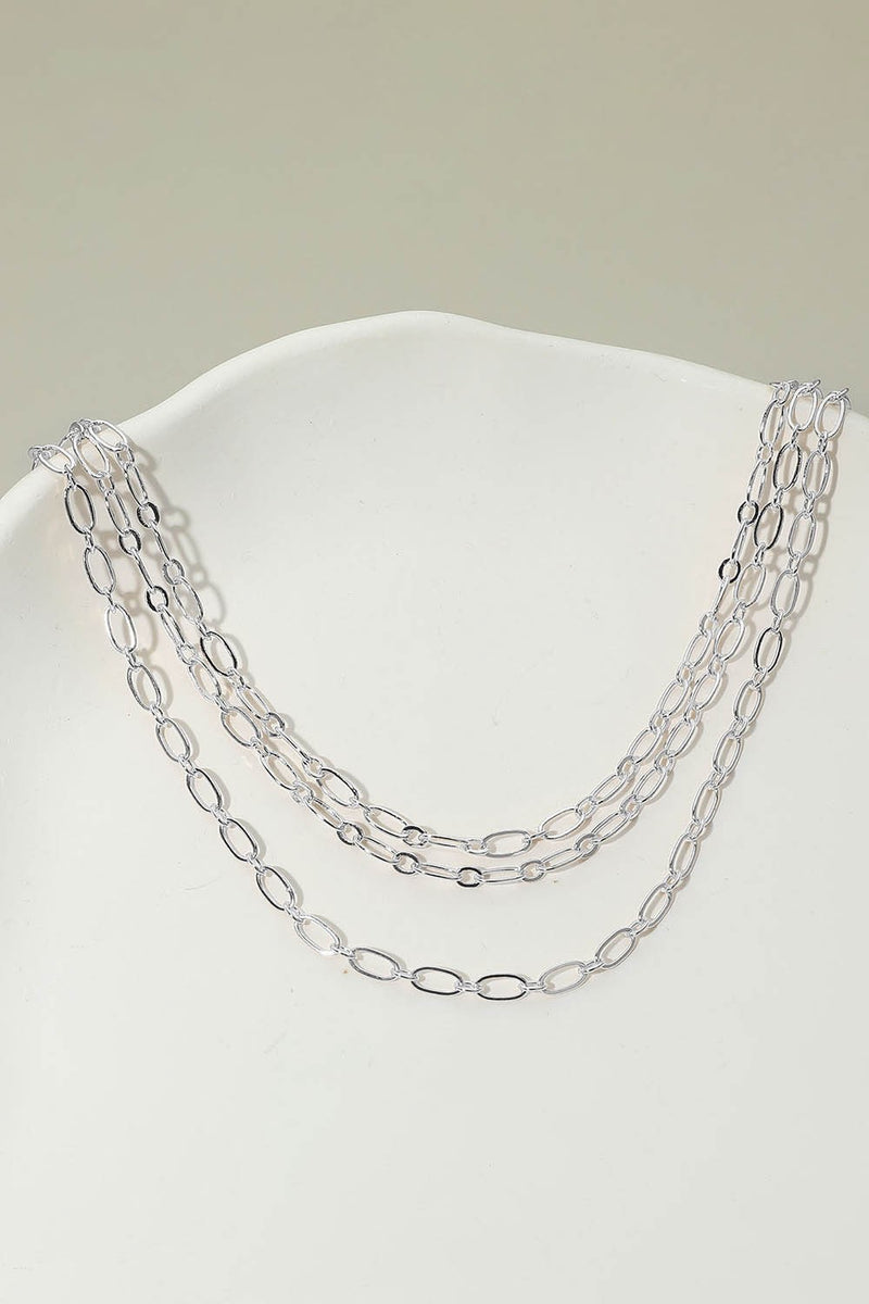 Silver Triple Layered Oval Link Chain Necklace
