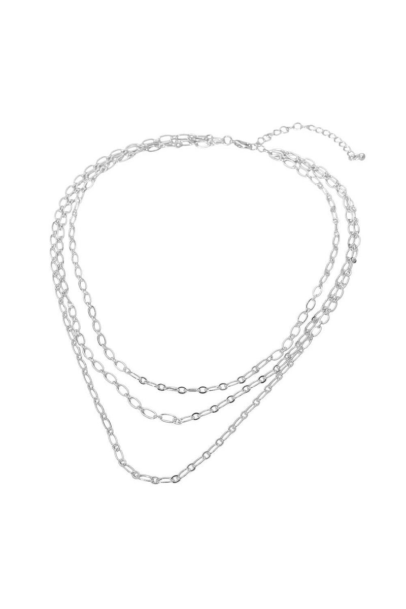 Silver Triple Layered Oval Link Chain Necklace