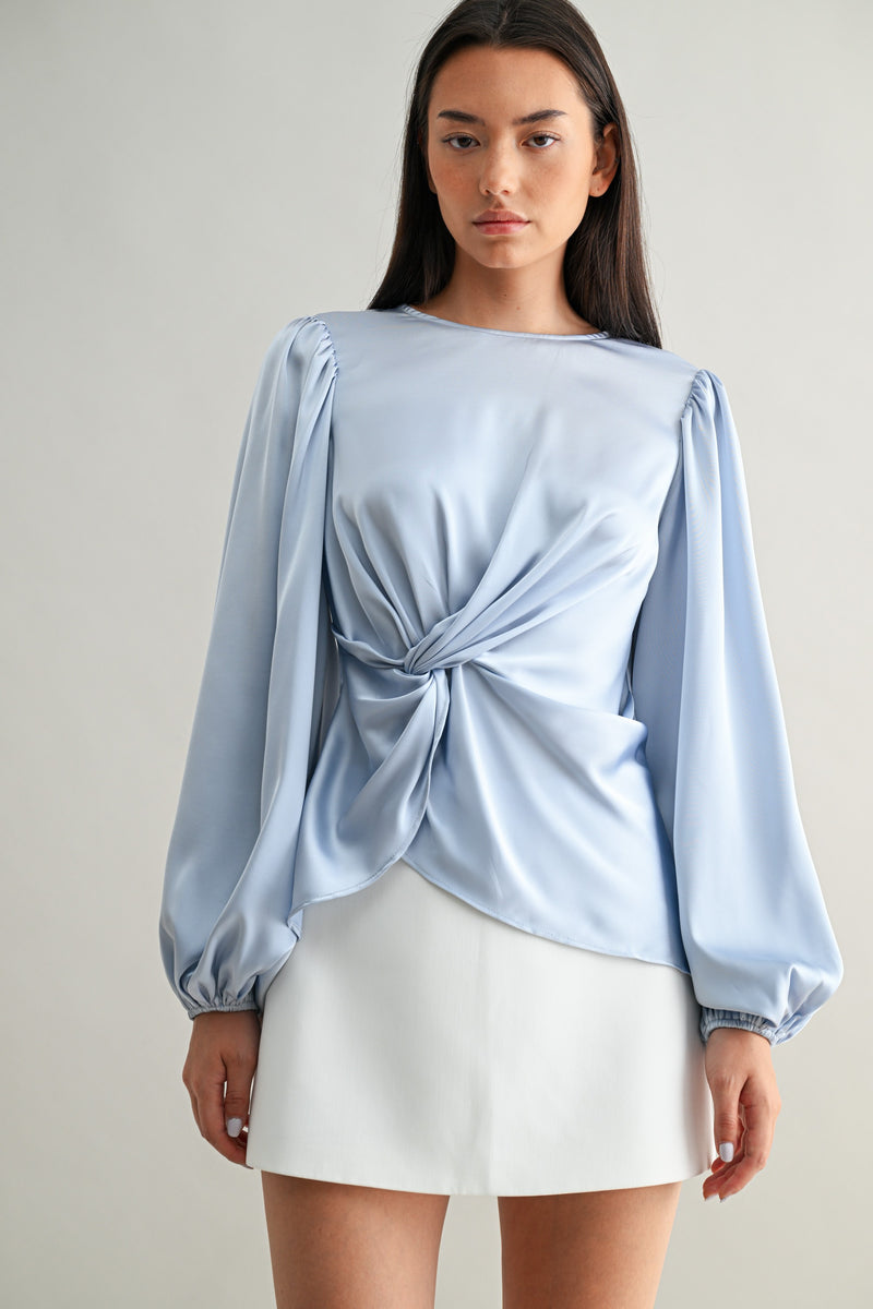 Mable Baby Blue Satin Balloon Sleeve Front Twist Detail Blouse