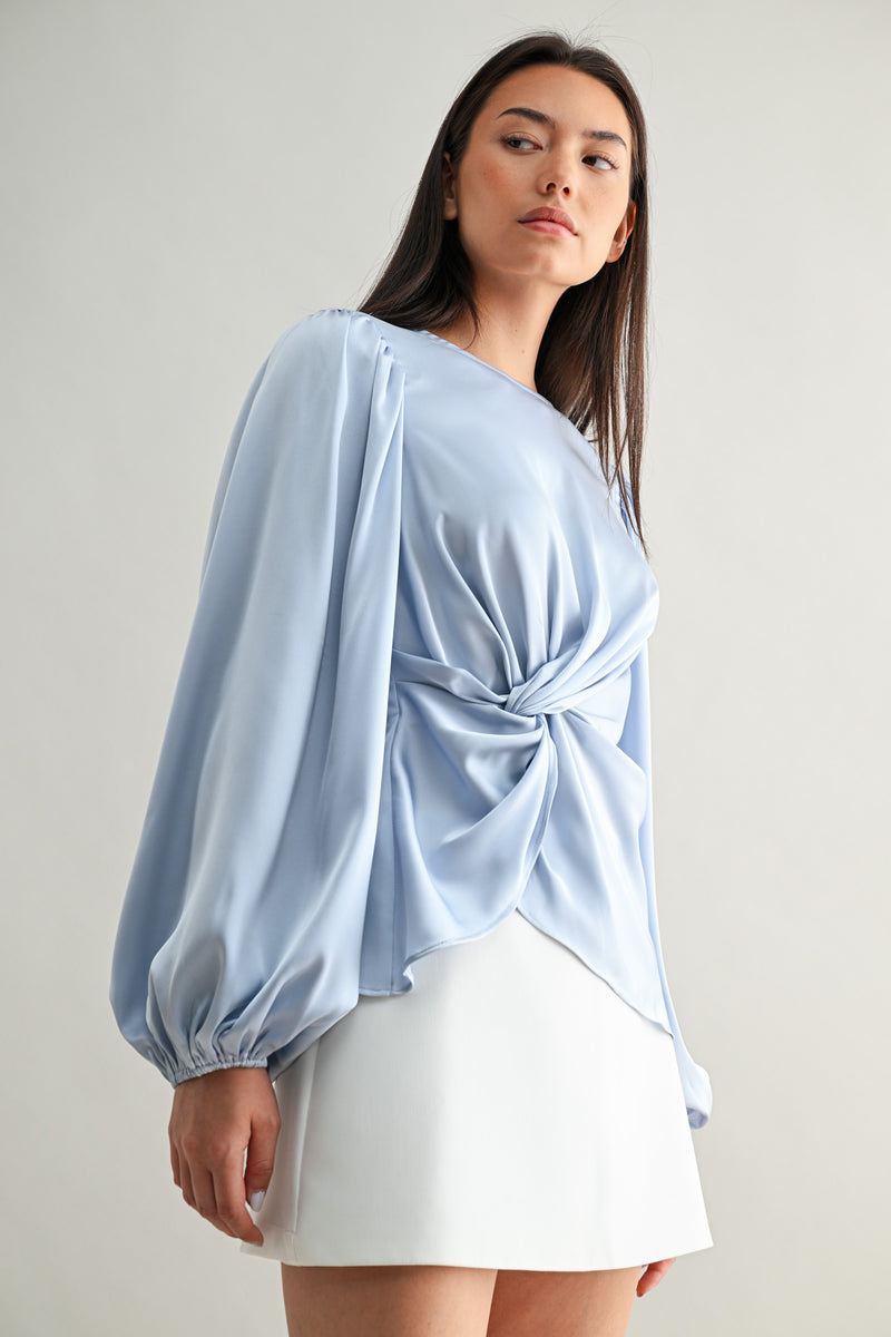 Mable Baby Blue Satin Balloon Sleeve Front Twist Detail Blouse