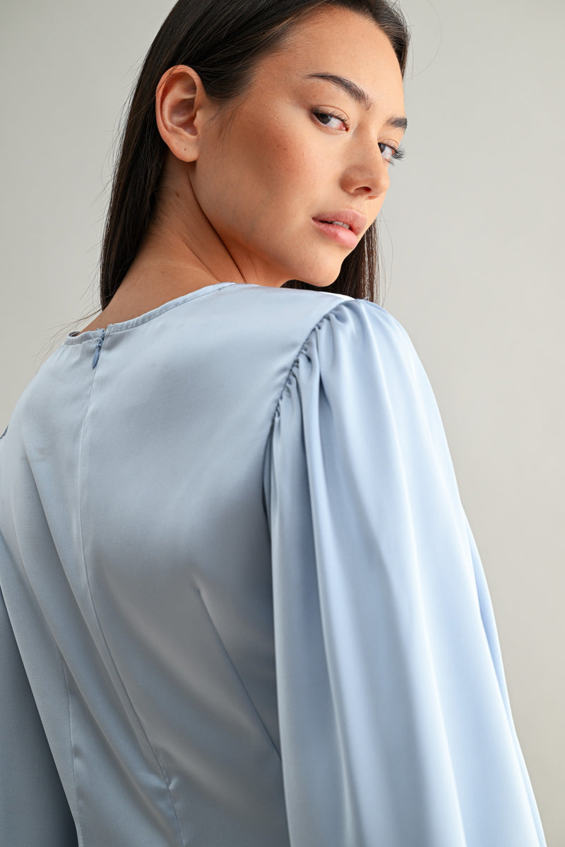 Mable Baby Blue Satin Balloon Sleeve Front Twist Detail Blouse