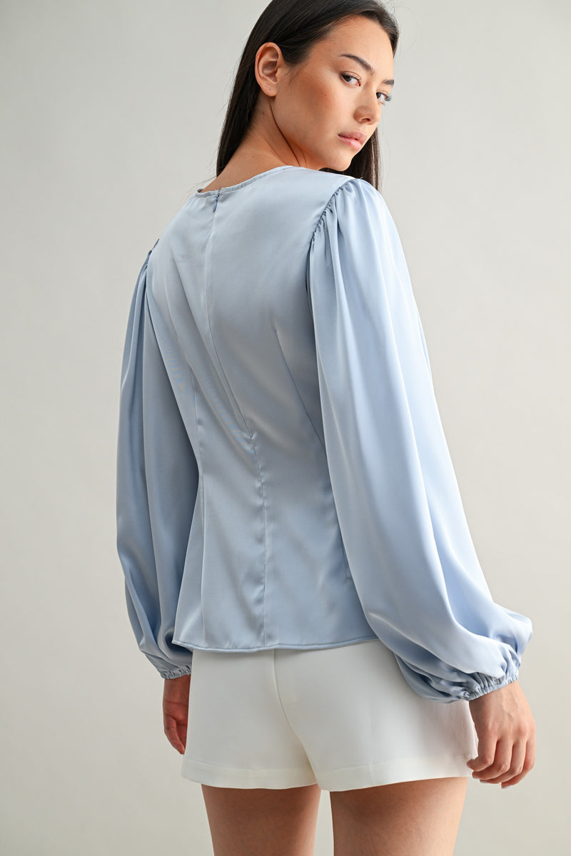 Mable Baby Blue Satin Balloon Sleeve Front Twist Detail Blouse