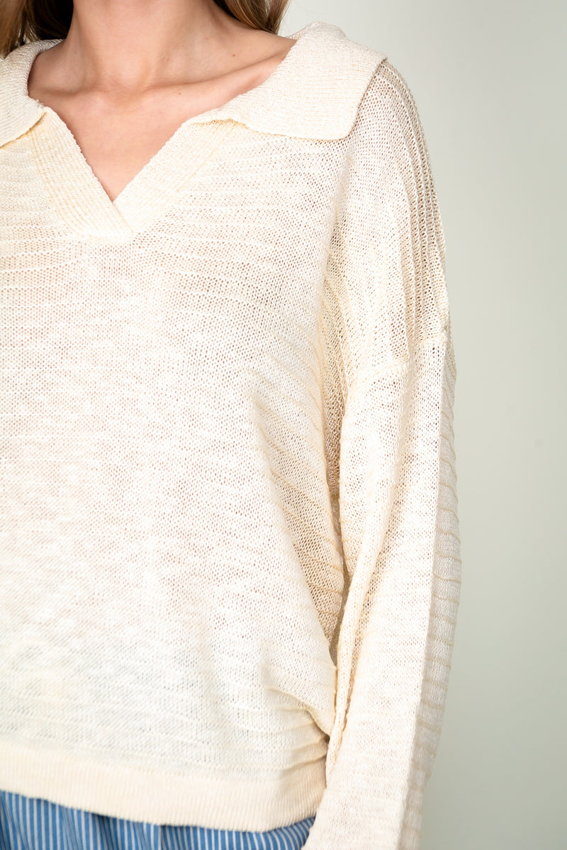 Cream Collared V-neck Textured Knit Top