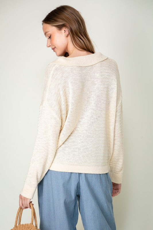 Cream Collared V-neck Textured Knit Top