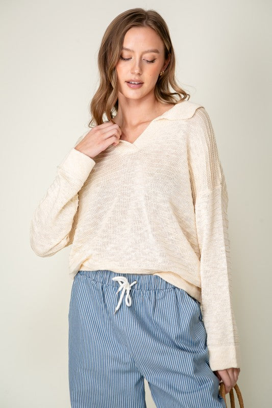 Cream Collared V-neck Textured Knit Top