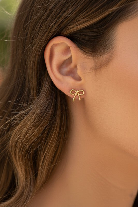 PINK FRIDAY Small Textured Brass Bow Stud Earrings