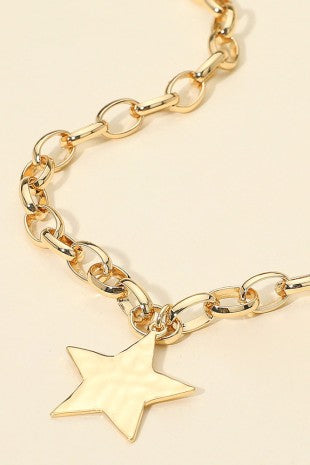 Textured Metal Star Pendant Chunky Chain Necklace