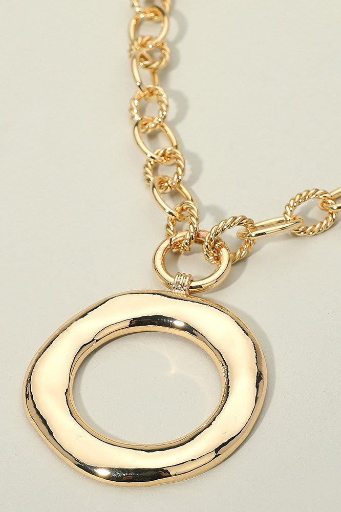 Gold Bold Hammered Metal Circle Chunky Chain Necklace