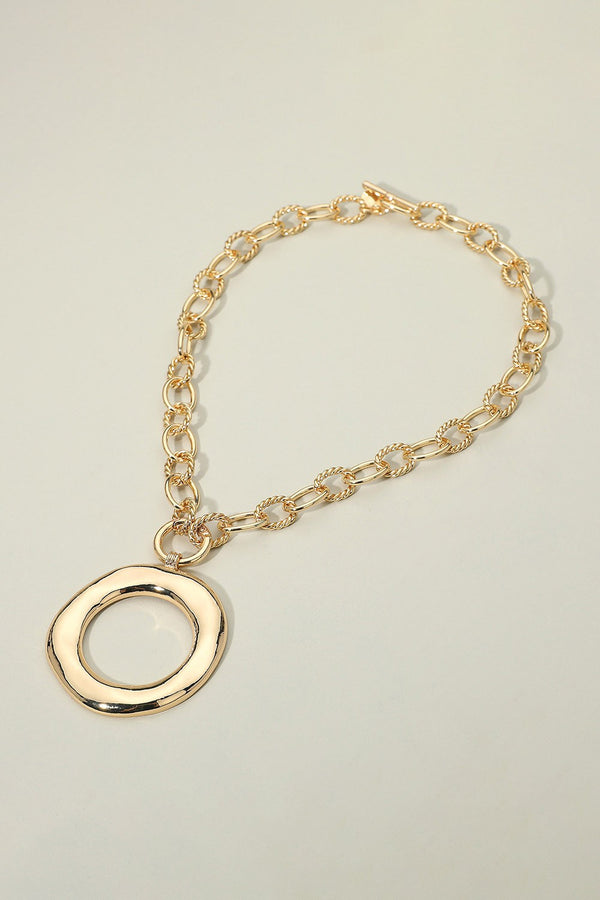 Gold Bold Hammered Metal Circle Chunky Chain Necklace