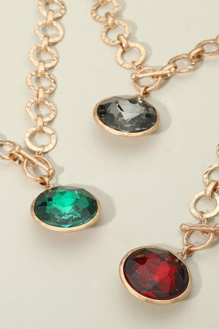Bold Oval Gemstone Brushed Metal Chunky Necklace