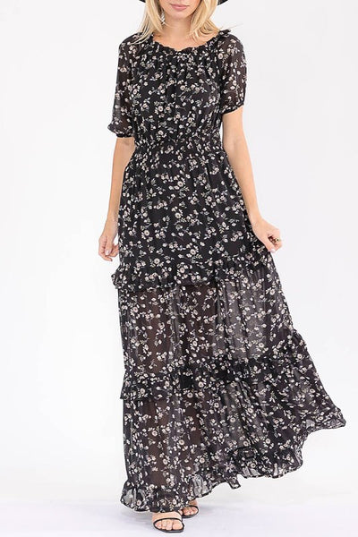 smock tiered maxi dress Black Floral Print Smock Waist Tiered Maxi Dress – Stella Rae's