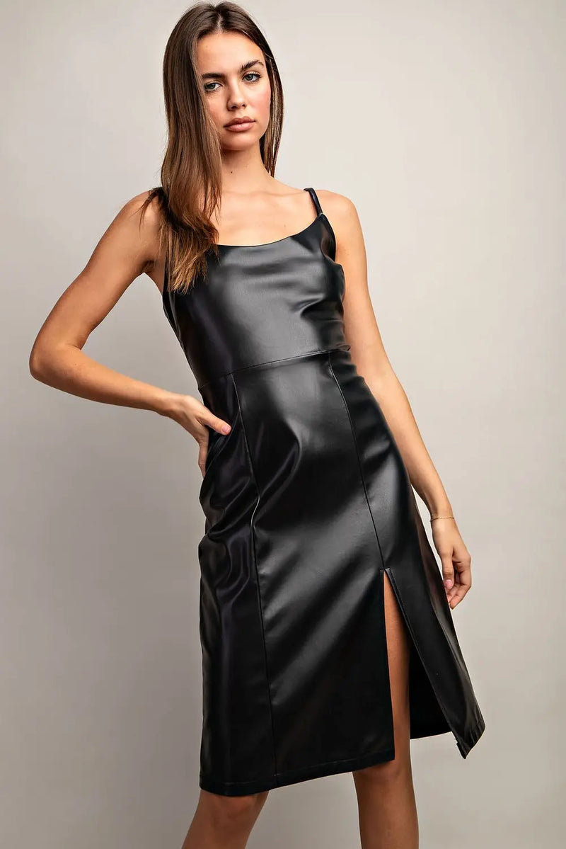 Eesome Black Slit Pleather Mini Dress