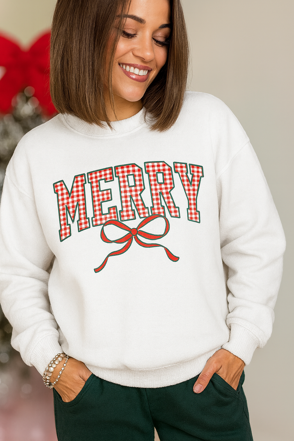 Plaid Merry Christmas Bow Graphic Sweatshirt