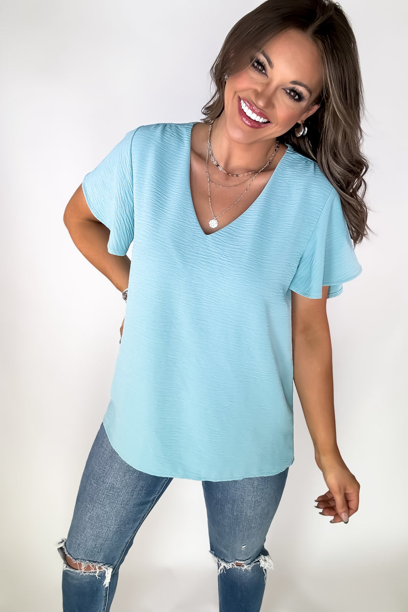 Best Bet Dusty Teal Flutter Sleeve Top