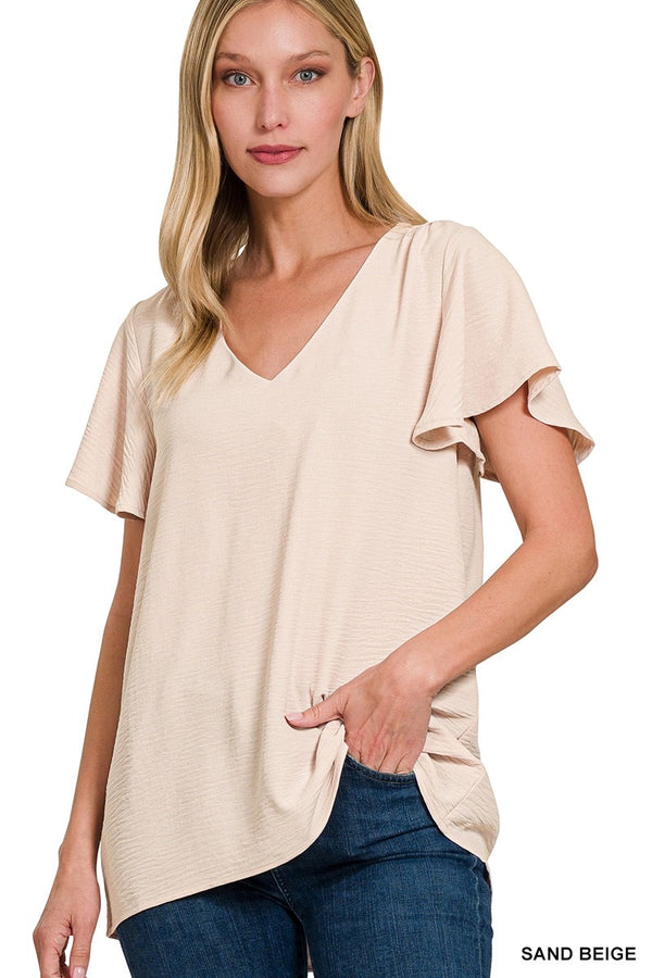 Best Bet Sand Beige Flutter Sleeve Top