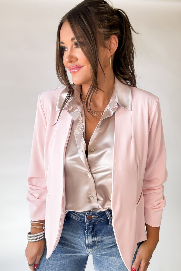 Let's Meet Up Blush Ruched Sleeve Blazer