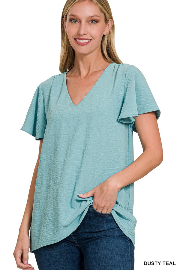 Best Bet Dusty Teal Flutter Sleeve Top