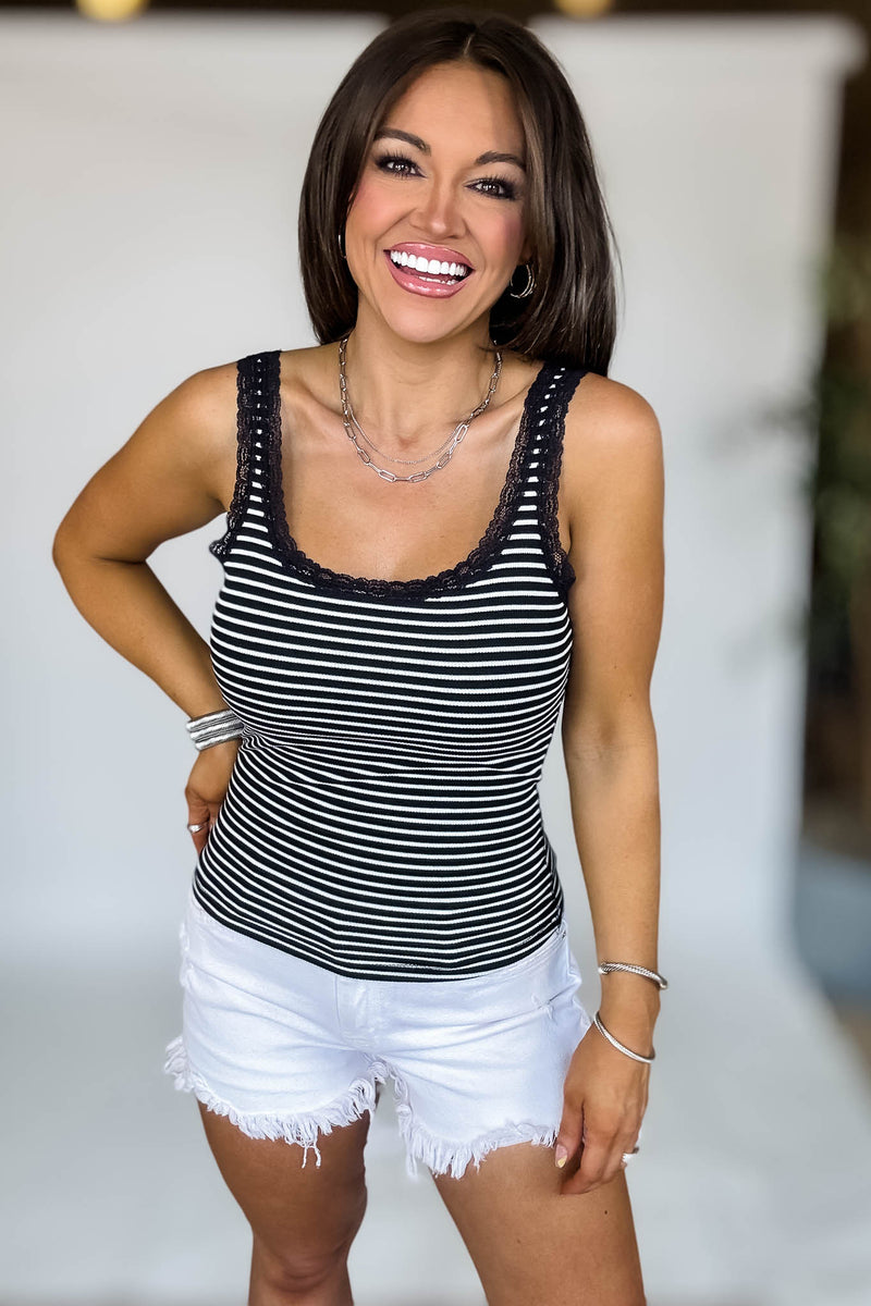 Laced Rib Black And White Stripe Tank Top