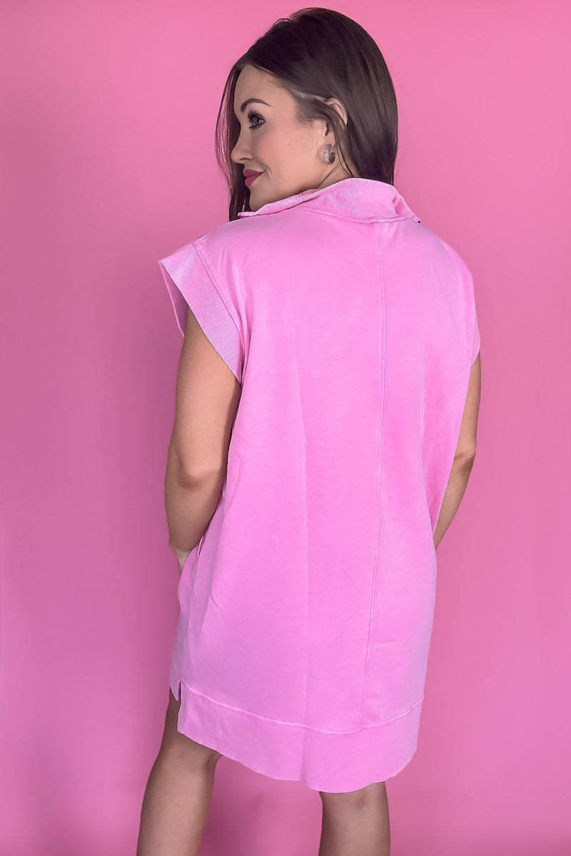 Pink Solid Mock-Neck Sleeveless Mini Dress
