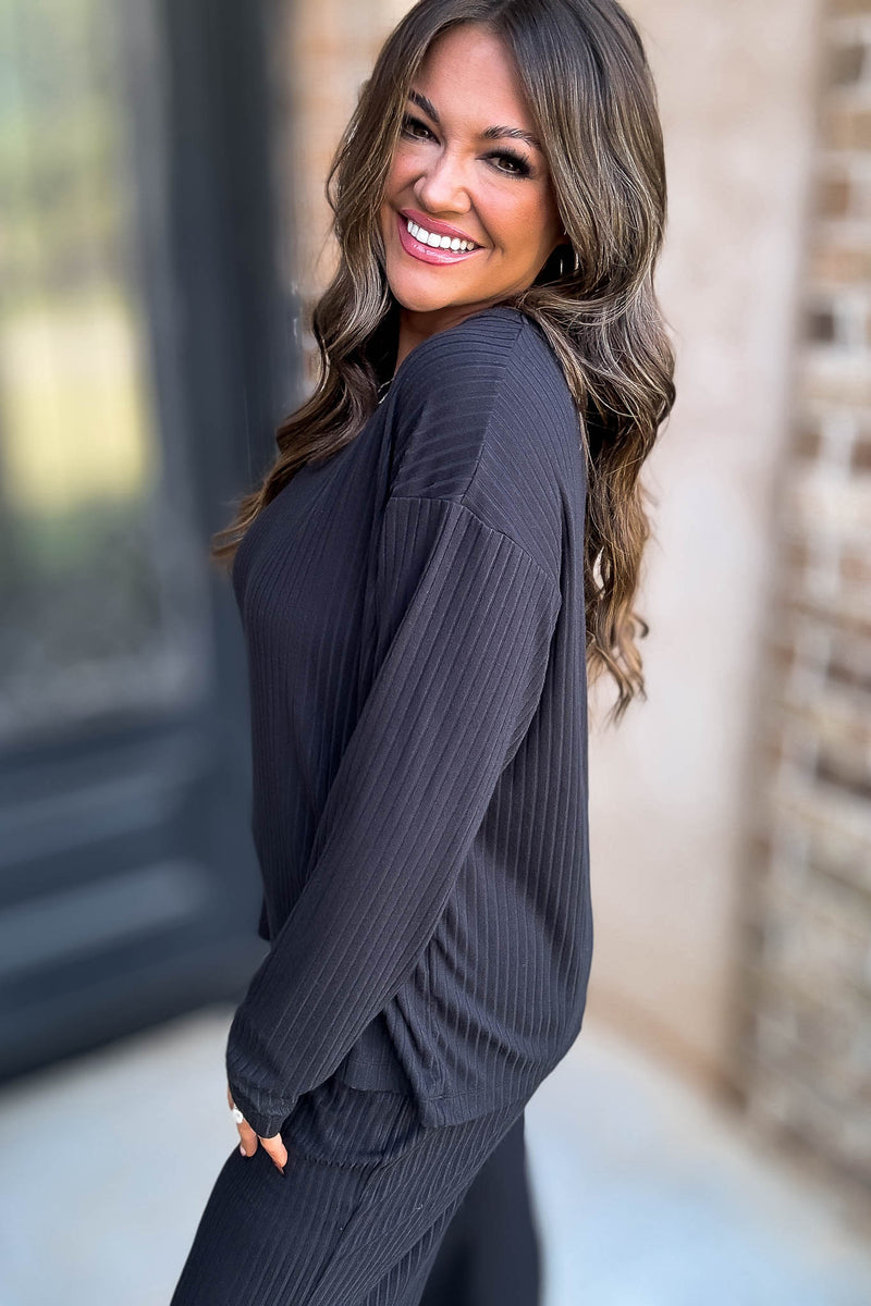Soft Ribbed Scoop Neck Black Top
