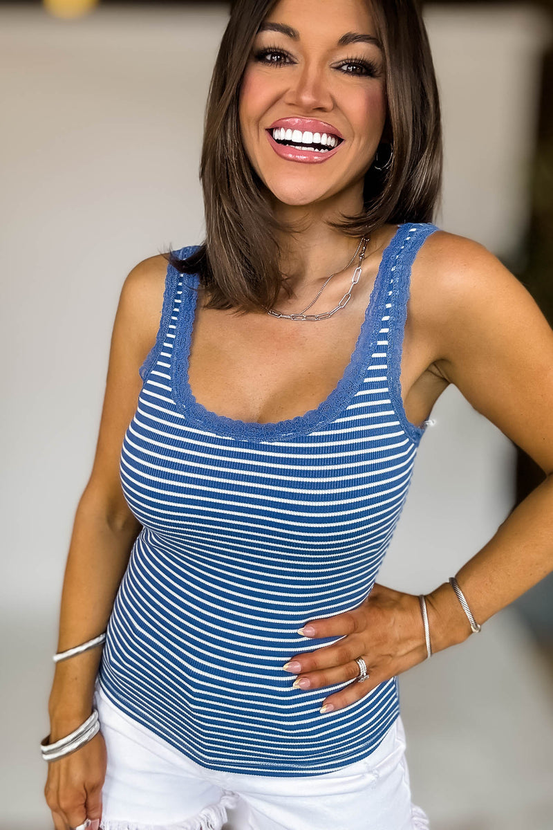 Laced Rib Blue And Vanilla Stripe Tank Top