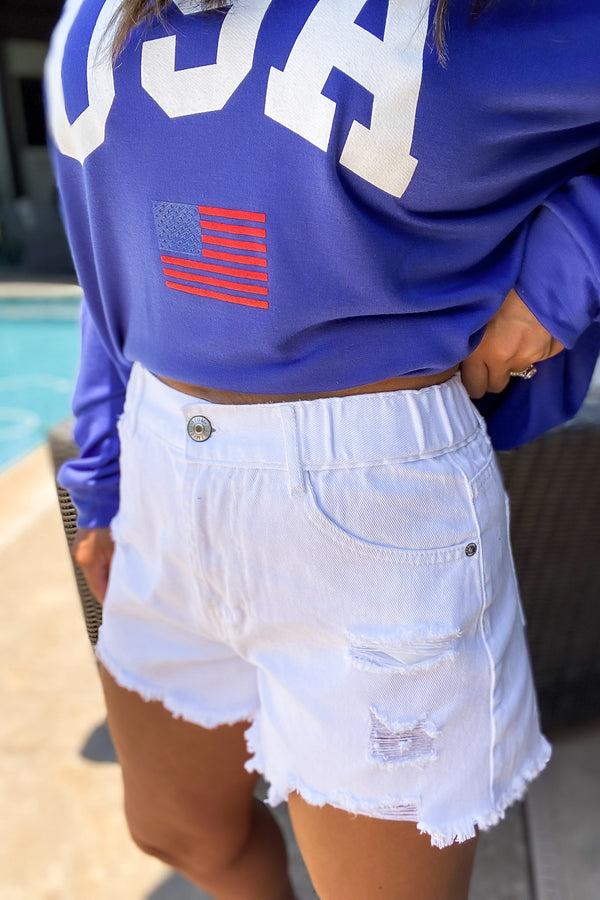 Bold Basics Distressed White Denim Shorts