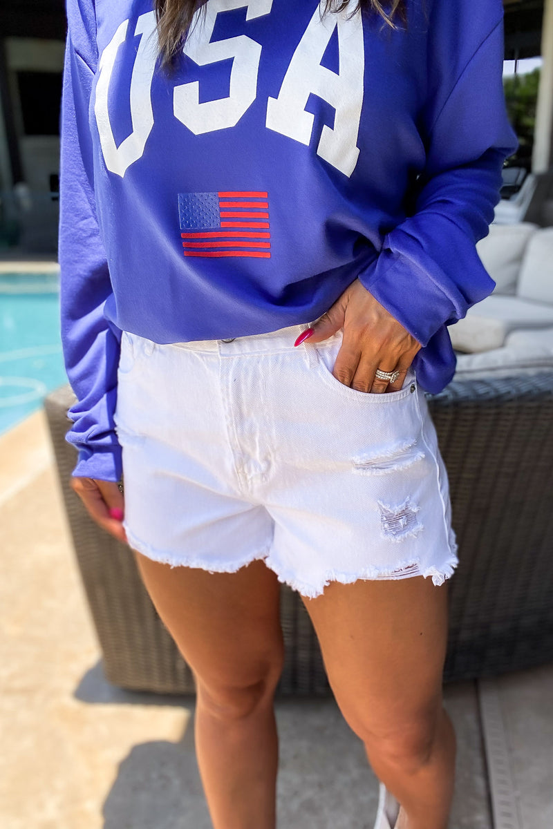 Bold Basics Distressed White Denim Shorts