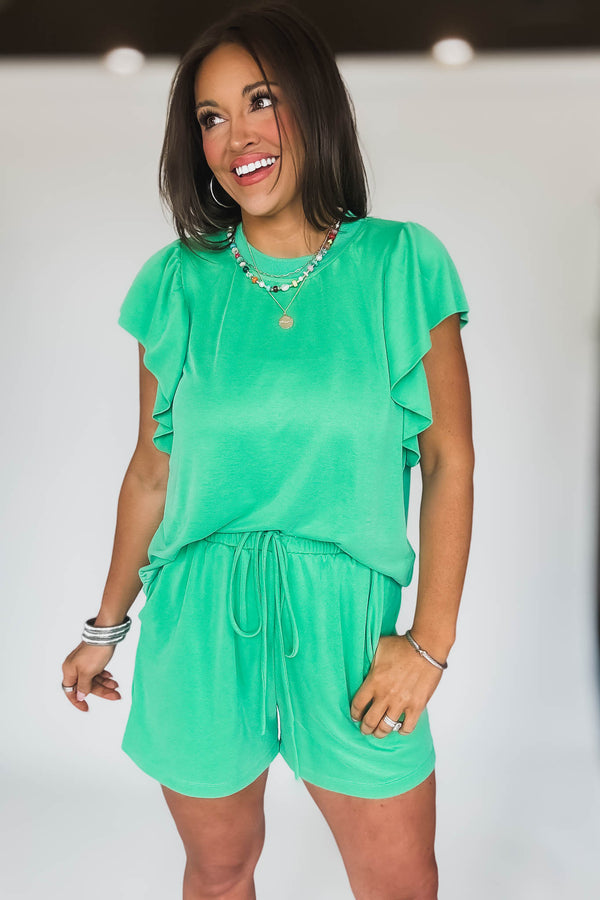 Ruffle Sleeve Green Round Neck Loose Fit Top