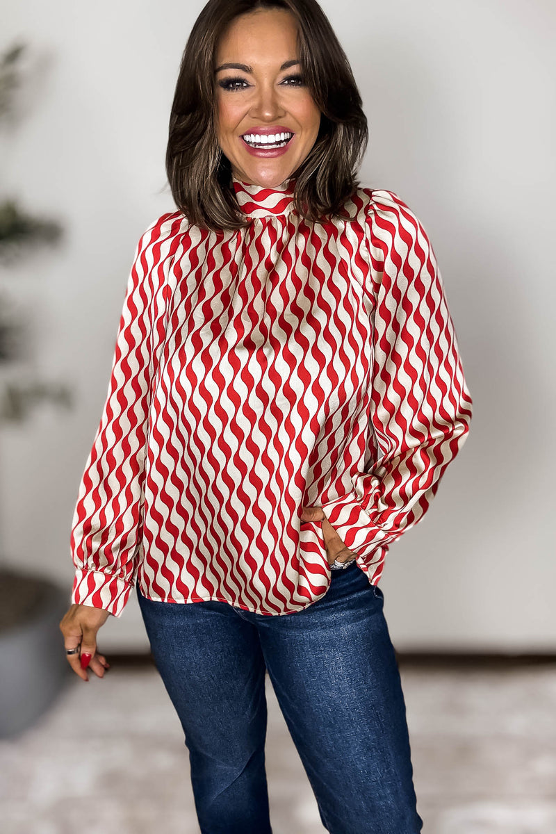 Geometric Red Print Back-Tie Top