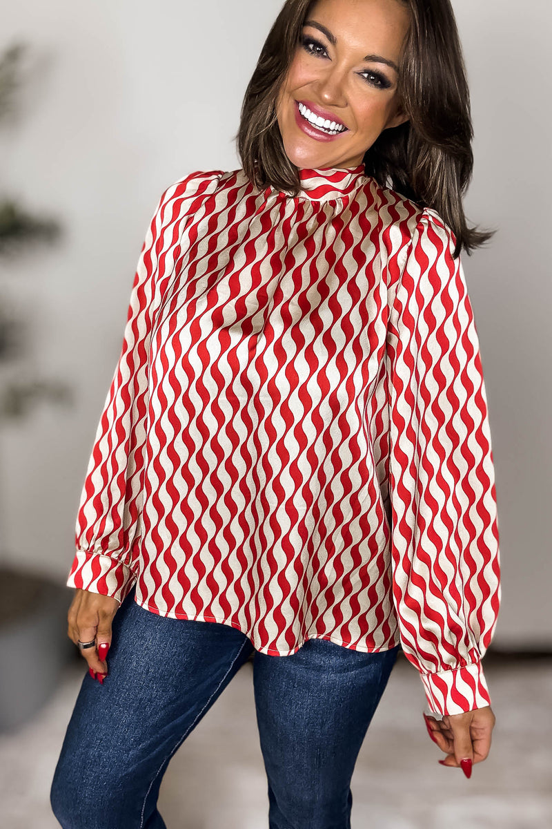 Geometric Red Print Back-Tie Top