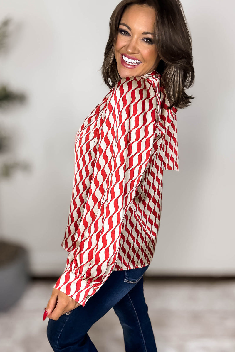 Geometric Red Print Back-Tie Top