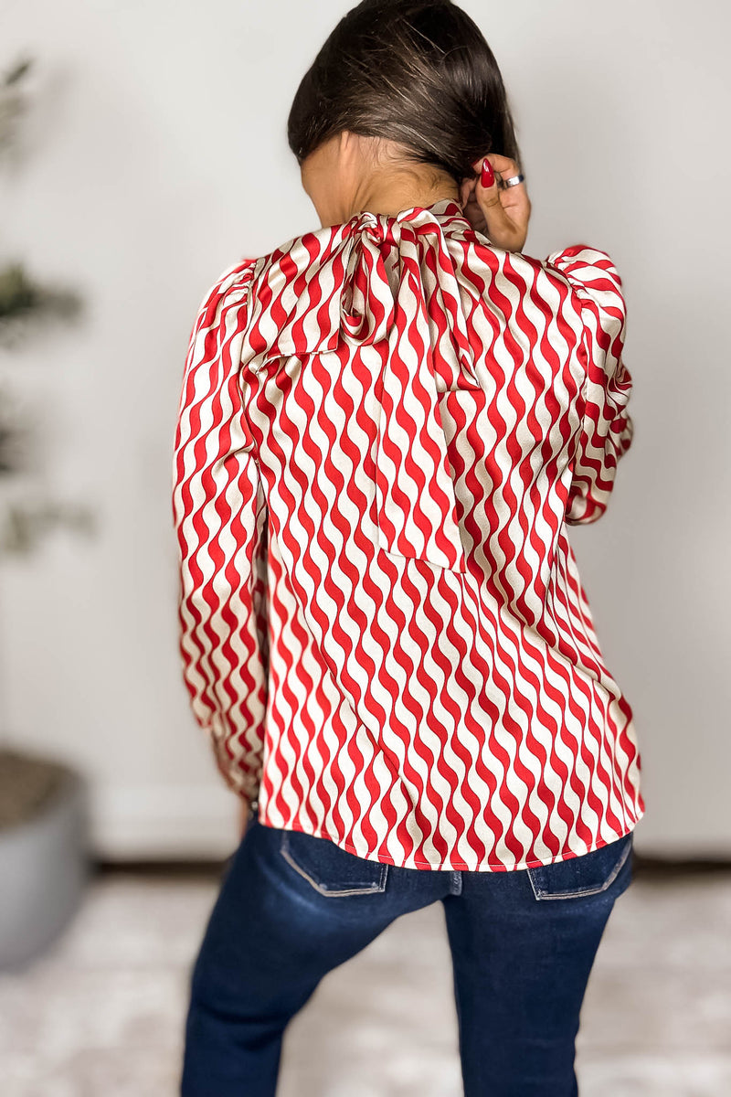 Geometric Red Print Back-Tie Top
