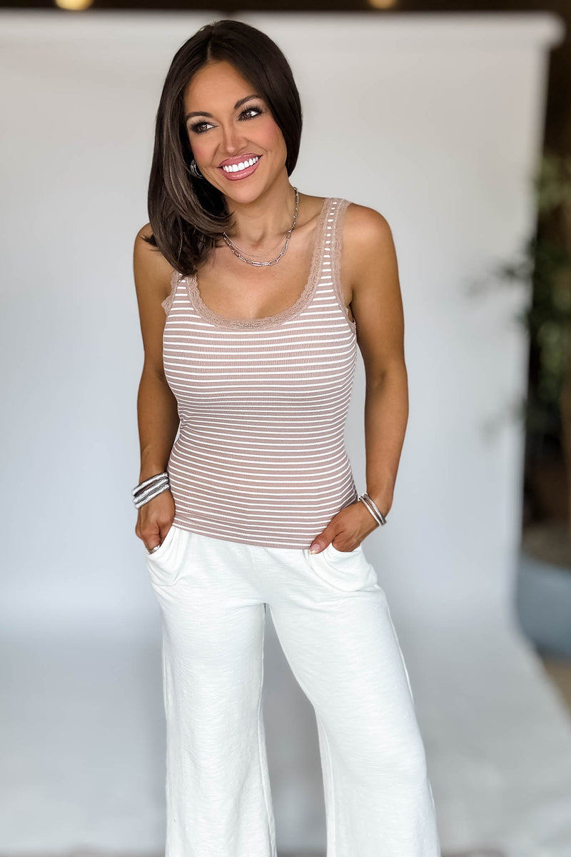 Laced Rib Tea And Soft White Stripe Tank Top