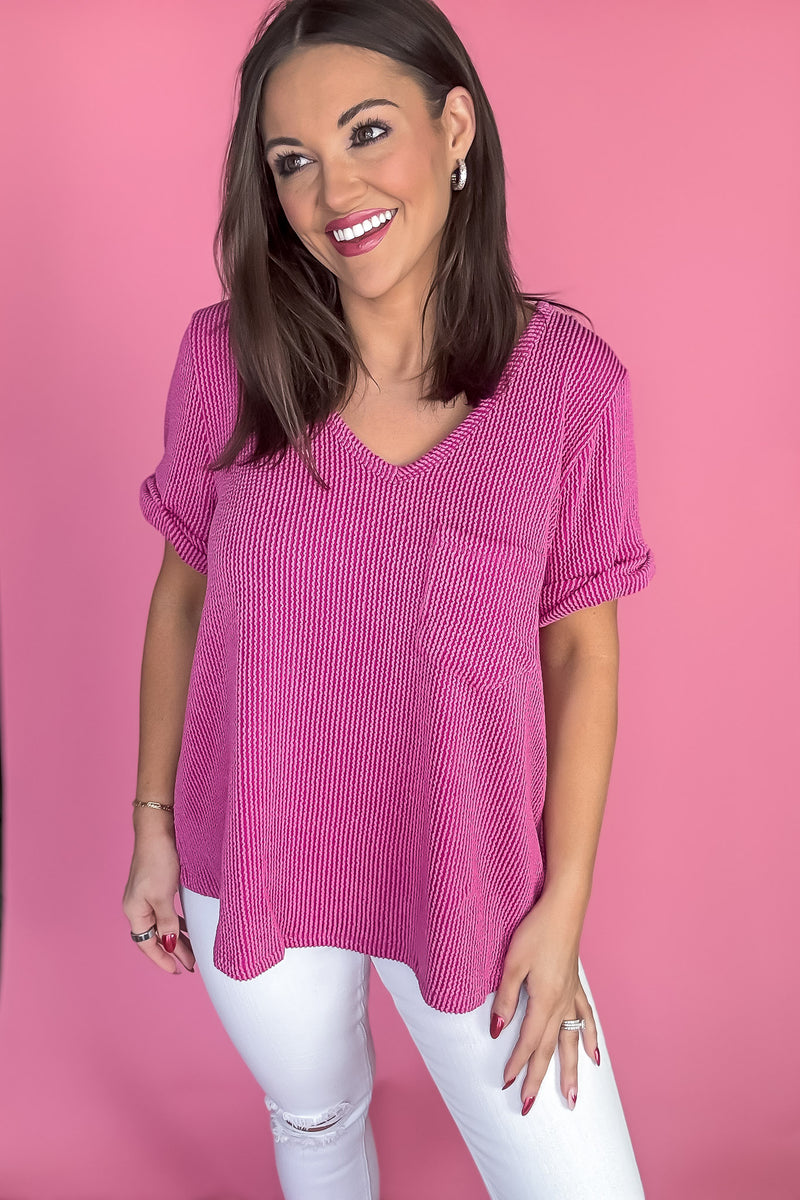 Orchid V-neck Short Sleeve Ribbed Top