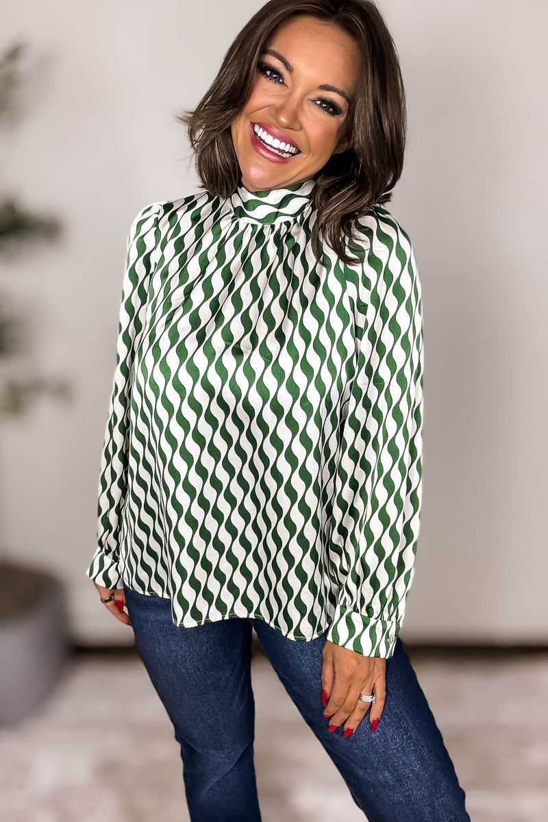 Geometric Green Print Back-Tie Top