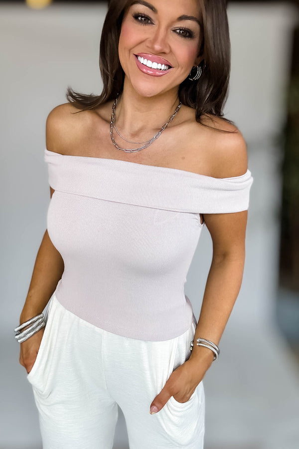 Jolie Taupe Ribbed Knit Off Shoulder Top