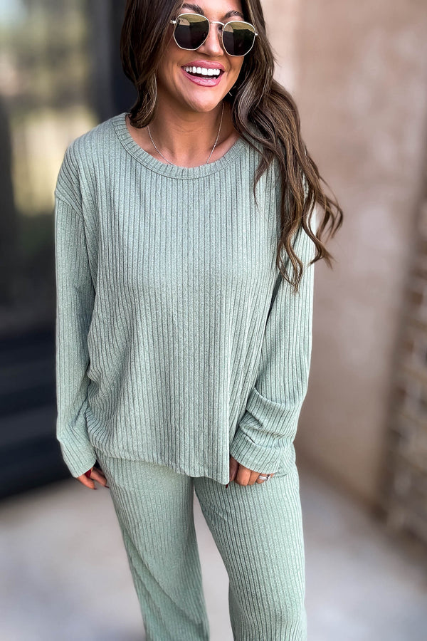 Soft Ribbed Scoop Neck Sage Top