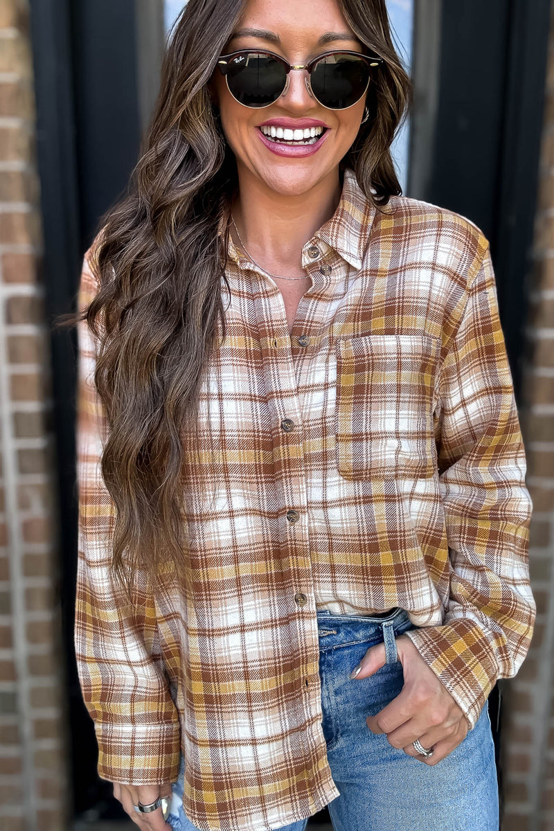 Long Plaid Mellow Print Button Down Shirt