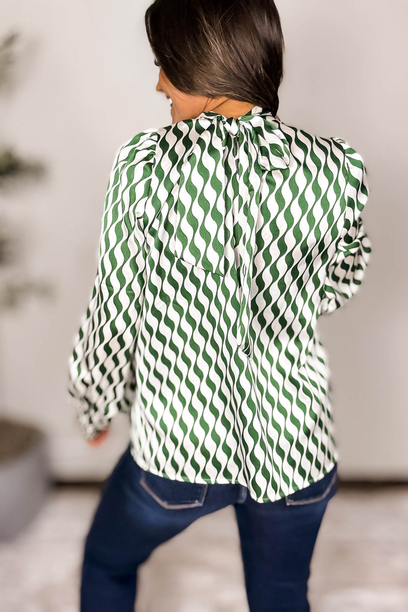 Geometric Green Print Back-Tie Top