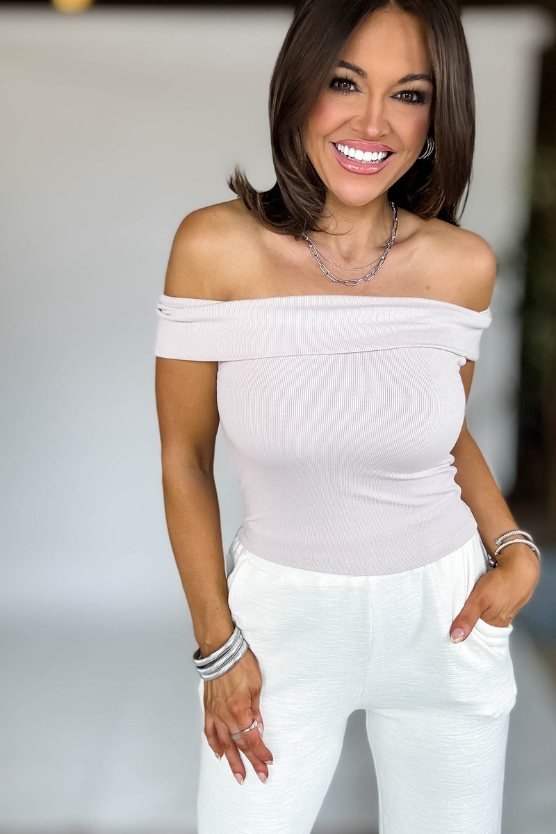 Jolie Taupe Ribbed Knit Off Shoulder Top