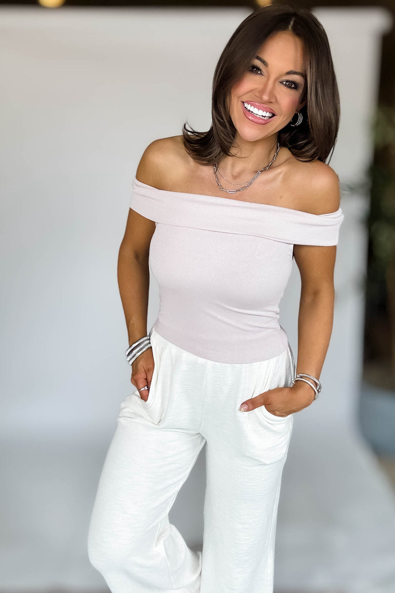 Jolie Taupe Ribbed Knit Off Shoulder Top