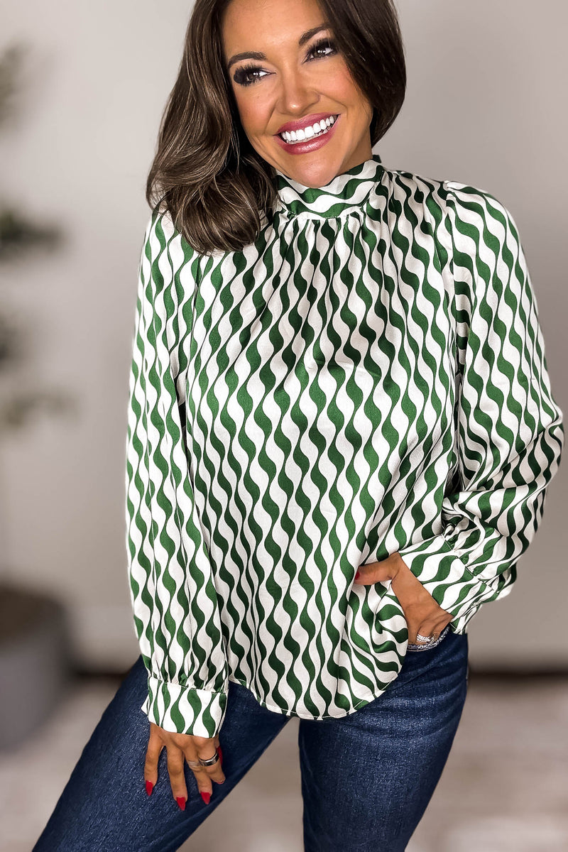 Geometric Green Print Back-Tie Top