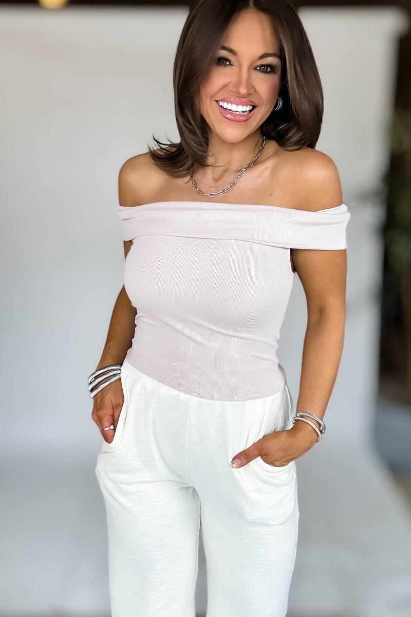 Jolie Taupe Ribbed Knit Off Shoulder Top