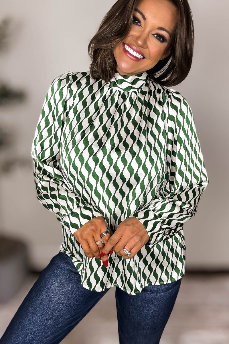 Geometric Green Print Back-Tie Top