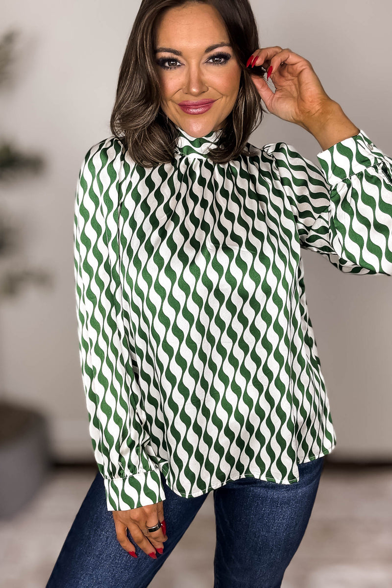 Geometric Green Print Back-Tie Top