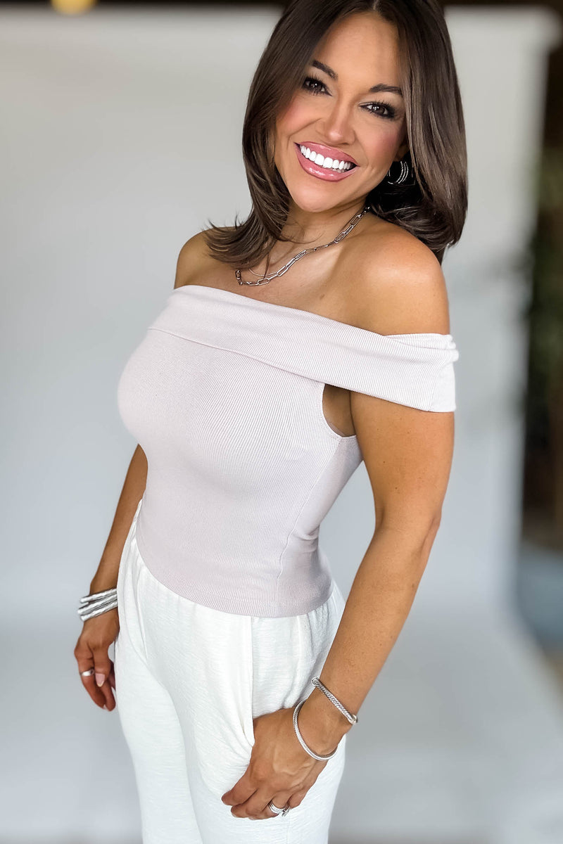 Jolie Taupe Ribbed Knit Off Shoulder Top