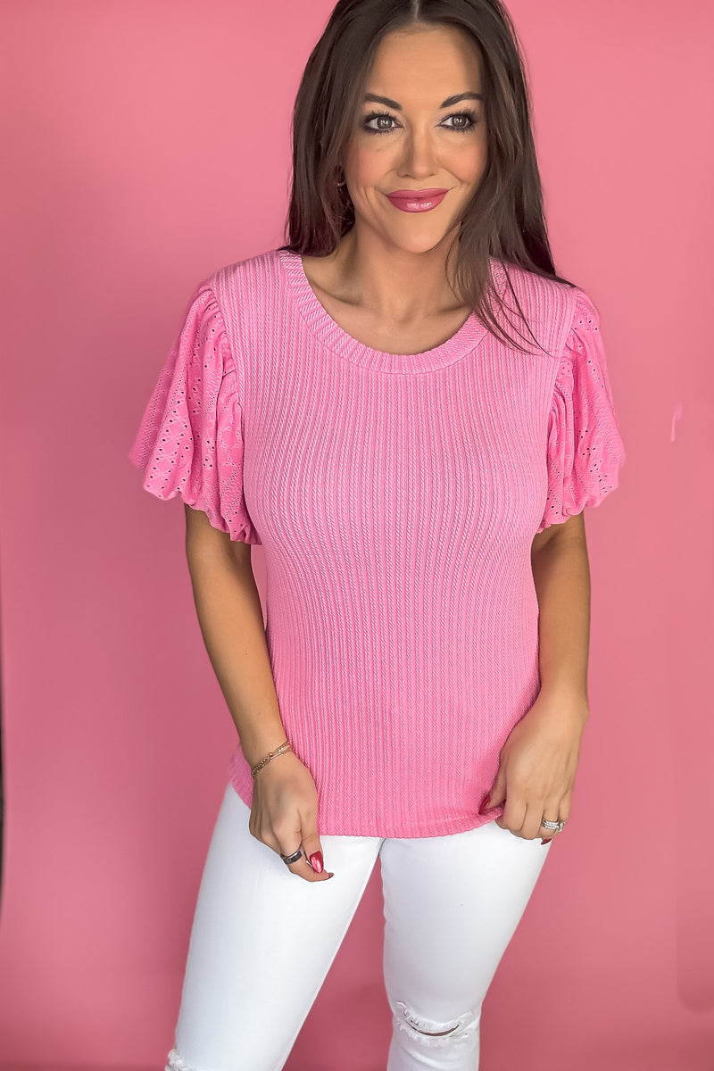 Pink Cable Knit Short Sleeve Round Neck Top
