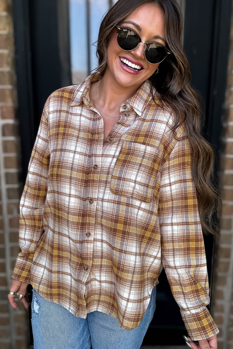 Long Plaid Mellow Print Button Down Shirt