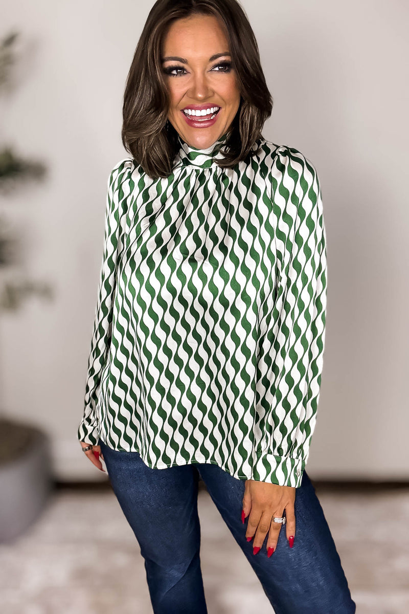 Geometric Green Print Back-Tie Top